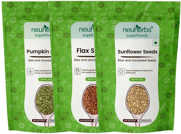 Neuherbs Healthy Unroasted Super Seeds Combo - Pumpkin Seed 200g, Sunflower Seed 200g, Flax Seeds 400g Chia Seeds