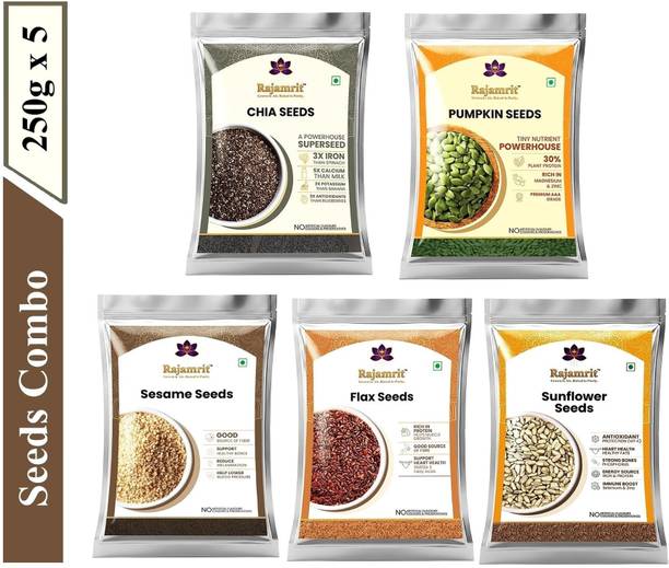 Rajamrit Premium Edible Chia Seeds Combo Pack | Protein-Rich Superfood for Weightloss Chia Seeds, Pumpkin Seeds, Sunflower Seeds, Sesame Seeds, Brown Flax Seeds