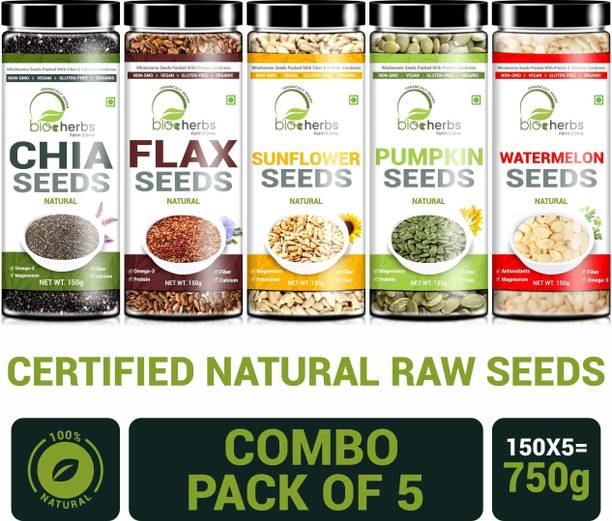 Bioherbs Certified Organic Raw Combo Seeds Value Pack (FLax Seed,Chia Seed, Sunflower seed, Pumpkin Seed & Watermelon Seed) Brown Flax Seeds, Chia Seeds, Sunflower Seeds, Pumpkin Seeds, Watermelon Seeds