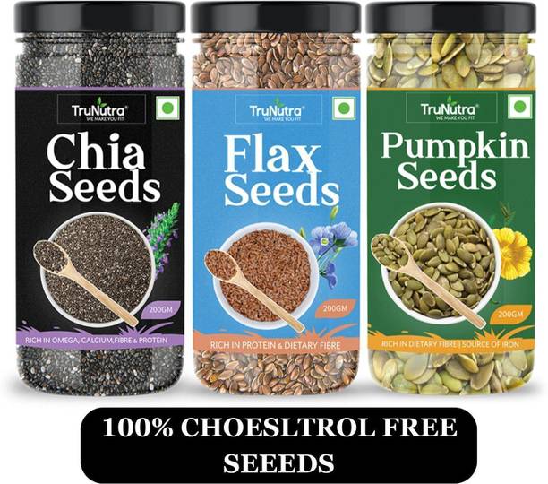 TruNutra Edible seeds combo pack Chia seeds Pumpkin seeds Flax seeds Super Food Brown Flax Seeds, Pumpkin Seeds, Chia Seeds