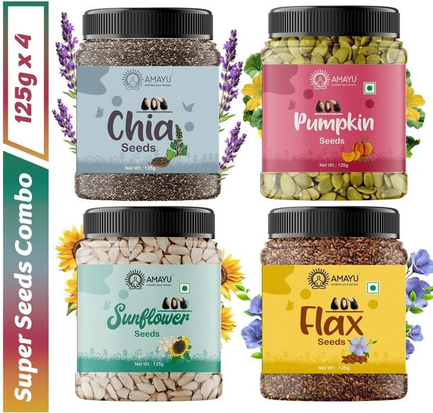 AMAYU Raw Chia, Pumpkin, Sunflower, Flax Seeds for Weight Loss, Eating, Mix Combo Pumpkin Seeds