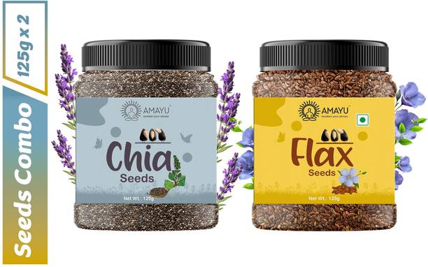 AMAYU Raw Organic Chia Seeds Weight Loss 125g | Flax Seeds for Hair 125g Combo Chia Seeds, Brown Flax Seeds