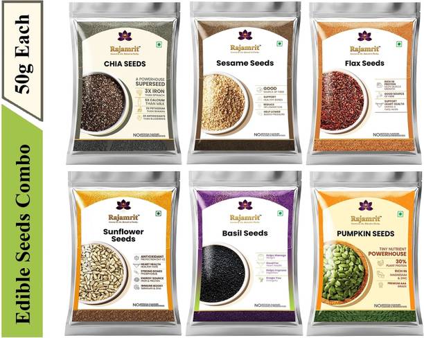 Rajamrit Raw Seed Combo Pack for Heart Health & Digestion | Rich in Omega-3 Fatty Acid Black Chia Seeds, Pumpkin Seeds, Sunflower Seeds, Brown Flax Seeds, Sesame Seeds, Basil Seeds