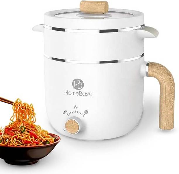 HOMEBASIC Multi-Function Electric Cooker| Stainless Steel Pot, Glass Lid, Wooden Handle| Electric Pressure Cooker, Food Steamer, Travel Cooker, Rice Cooker, Egg Cooker