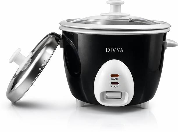 DIVYA 1.0 L Drum Rice Cooker | Double Pot & Double Lid | 400 W | Glass Lid | Electric Rice Cooker