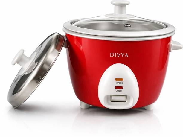 DIVYA 1.0 L Drum Rice Cooker | Double Pot & Double Lid | 400 W | Glass Lid | Electric Rice Cooker