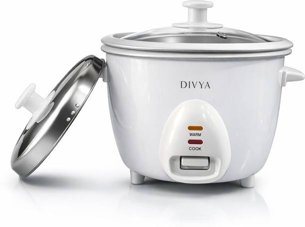 DIVYA 1.0 L Drum Rice Cooker | Double Pot & Double Lid | 400 W | Glass Lid | Electric Rice Cooker