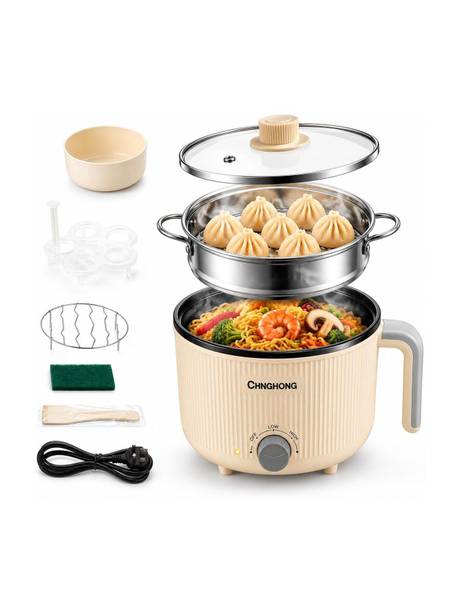 NowExp Electric Hot Pot with Steamer 1.5L Multi Portable Electric Non Stick Cooker Air Fryer, Deep Fryer, Egg Boiler, Egg Cooker, Food Steamer, Rice Cooker, Travel Cooker