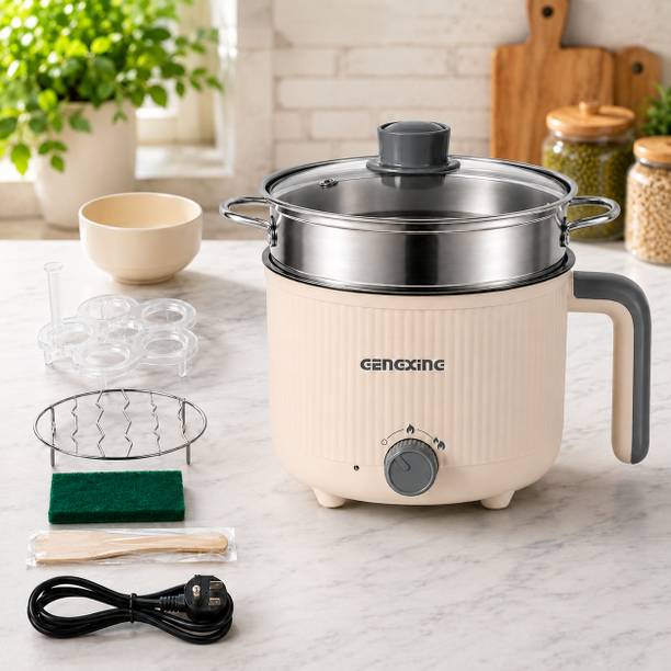 NowExp GENGXING 1.5L Stainless Steel Electric Cooker with Steamer Basket & Glass Lid Air Fryer, Deep Fryer, Egg Boiler, Food Steamer, Rice Cooker, Travel Cooker