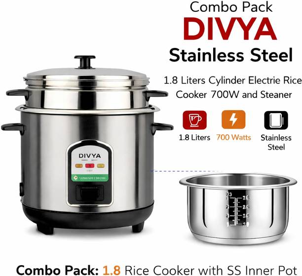 DIVYA 1.8 L Stainless Steel Rice Cooker + SS Inner Pot Combo Pack | High Quality Steel Electric Rice Cooker with Steaming Feature
