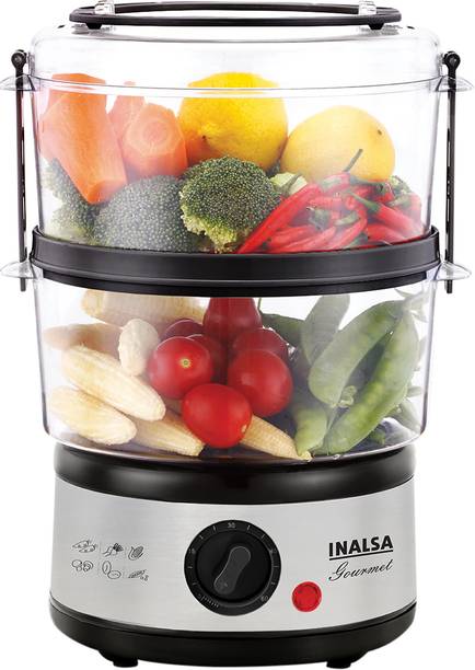 Inalsa Gourmet Multi-Function 500W-Food Steamer & Egg Boiler with LED Indicator,BPA-Free 2 Tier Stackable Baskets,Stainless Steel Base ,Auto-Stop & Dry Run Protection,Fits 14 Eggs In One Go Food Steamer