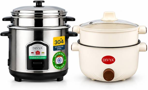 DIVYA Stainless Steel Rice Cooker with 2L Multifunction Electric Kettle Combo Offer | Electric Rice Cooker with Steaming Feature