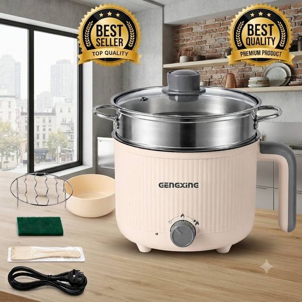 NowExp Portable Electric Hot Pot with Steamer, 1.5 L Non Stick Electric Cooking Pot Air Fryer, Deep Fryer, Egg Boiler, Egg Cooker, Food Steamer, Rice Cooker, Travel Cooker