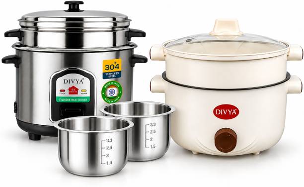 DIVYA Double Pot Stainless Steel Rice Cooker with Multifunction Kettle Combo Offer | Electric Rice Cooker with Steaming Feature