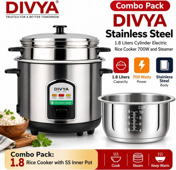 DIVYA 1.8 L Stainless Steel Rice Cooker + SS Inner Pot Combo Pack | High Quality Steel Electric Rice Cooker with Steaming Feature