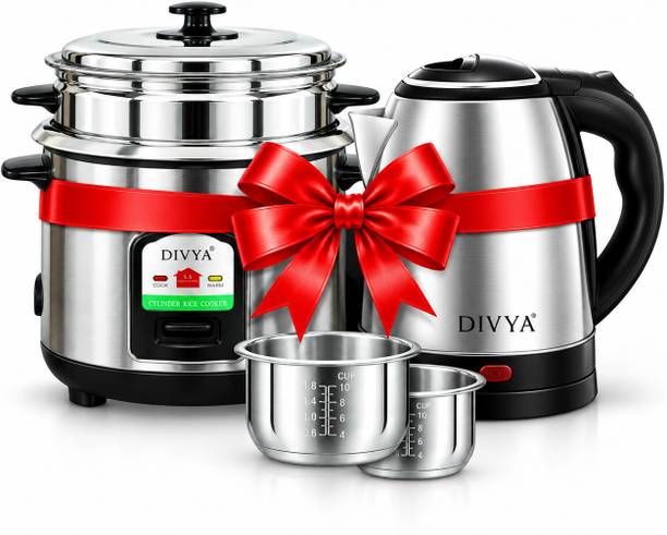 DIVYA Double Pot 1.8L Stainless Steel Rice Cooker with 1.5 Kettle Combo Offer Electric Rice Cooker with Steaming Feature