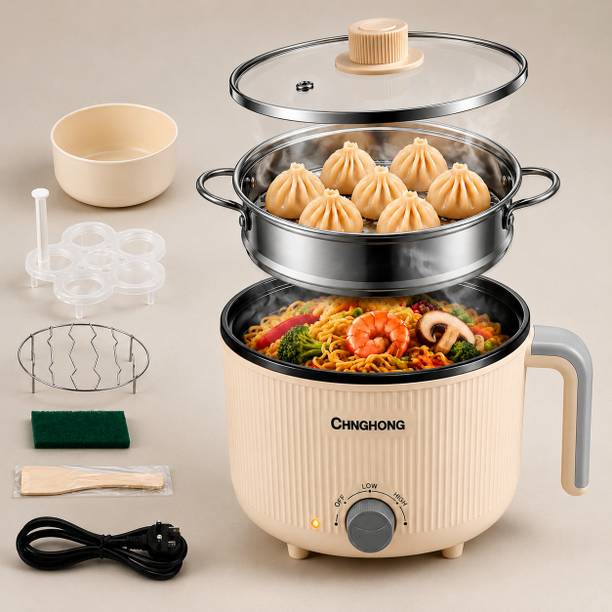 MOOKA Electric Steaming and Cooking Pot Combo Non-Stick Multi-Purpose Cooker Air Fryer, Deep Fryer, Egg Boiler, Food Steamer, Rice Cooker, Travel Cooker