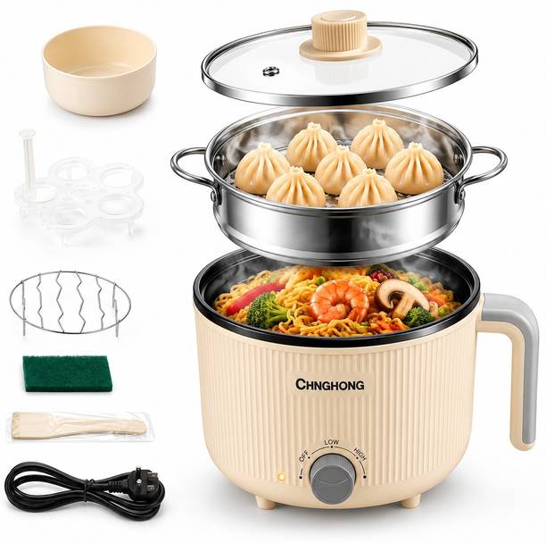 MOOKA Electric Multi Cooker with Steamer Tray, Glass Lid & Temperature Control Air Fryer, Deep Fryer, Egg Boiler, Egg Cooker, Food Steamer, Rice Cooker, Travel Cooker