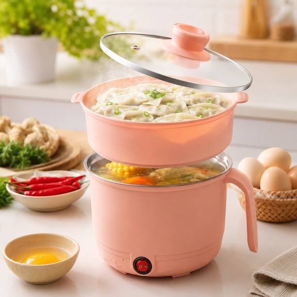NUVIO Portable Electric Cooker Pot with 2 Layer Steamer Electric Pressure Cooker, Food Steamer, Rice Cooker, Slow Cooker, Travel Cooker