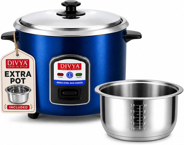 DIVYA Stainless Steel 1.8L Electric Rice Cooker with Extra Pot | Indigo Steel Body Electric Rice Cooker with Steaming Feature