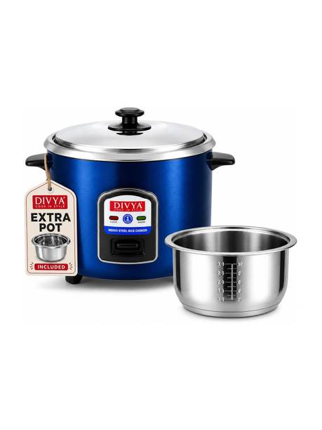 DIVYA Stainless Steel 1.8L Electric Rice Cooker with Extra Pot | Indigo Steel Body Electric Rice Cooker with Steaming Feature