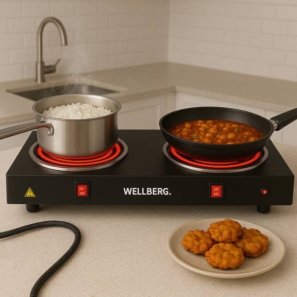 Wellberg Electric Hot Plate 2000W Dual Coil Portable Stove with Double Burner for Kitchen Electric Cooking Heater