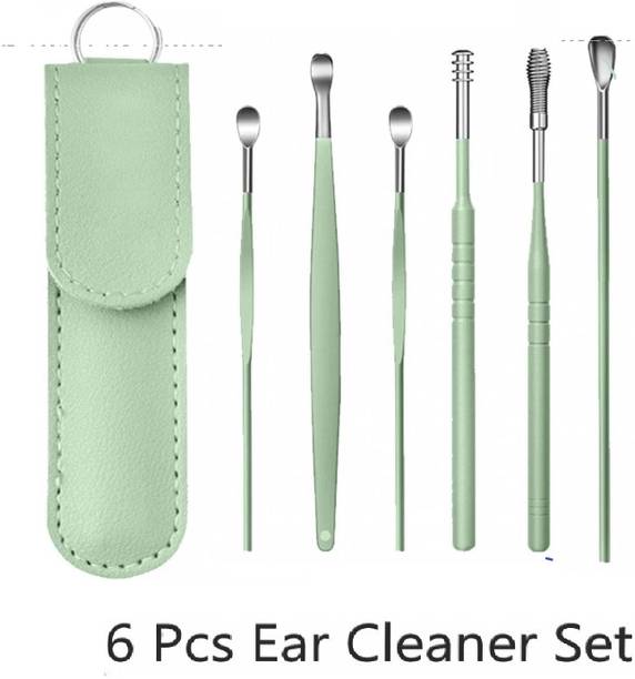 Taxila 6 Pcs Steel Ear Wax Cleaner- Reusable Ear Cleaning Tools Leather Pouch (Green) Electric Ear Cleaner