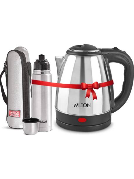 MILTON Combo Set Insta Electric Stainless Steel Kettle, 2 Litres, Silver and Flip Lid Thermosteel Hot or Cold Stainless Steel Water Bottle with Jacket, 500 ml, Silver Electric Kettle