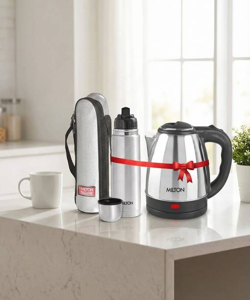MILTON Combo Set Insta Electric Stainless Steel Kettle, 1.5 Litres, Silver and Flip Lid Thermosteel Hot or Cold Stainless Steel Water Bottle with Jacket, 750 ml, Silver Electric Kettle
