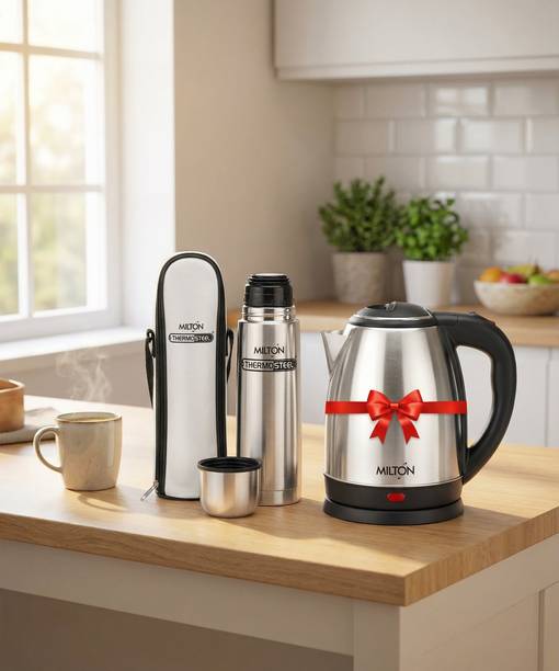MILTON Combo Set Insta Electric Stainless Steel Kettle, 1.5 Litres, Silver and Flip Lid Thermosteel Hot or Cold Stainless Steel Water Bottle with Jacket, 350 ml, Silver Electric Kettle