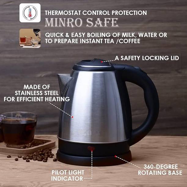 Minro Safe RE-2Ltr Electric Kettle 1500W Silver Automatic Cut-off Stainless Steel_RE- 09 Multi Cooker Electric Kettle