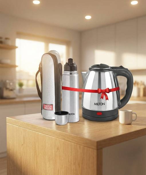 MILTON Combo Set Insta Electric Stainless Steel Kettle, 2 Litres, Silver and Flip Lid Thermosteel Hot or Cold Stainless Steel Water Bottle with Jacket, 1 Litre, Silver Electric Kettle