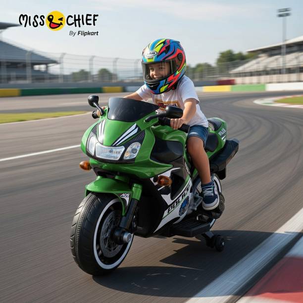 Miss & Chief Battery Operated Bike for Kids with Foot Accelerator & Music & Training Wheels Bike Battery Operated Ride On