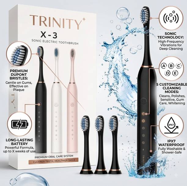 Trinity Electric Toothbrush – 5 Modes, Waterproof Rechargeable with 3 Replacement Electric Toothbrush