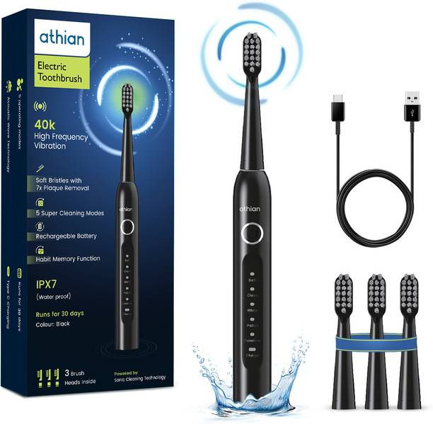 athian Vibe Rechargeable Electric toothbrush with 3 Brush Heads & Sonic Technology Electric Toothbrush