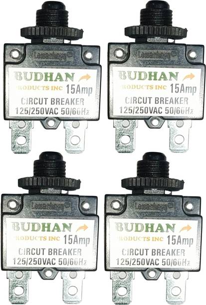 BUDHAN PRODUCTS INC 4 Pieces of 15 Amps Mini Circuit Breaker | Thermal Overload Protector AC 125/250V 15A Push Button Reset | 15Amp Load Switch, PCB Mount MCB