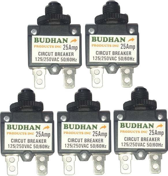 BUDHAN PRODUCTS INC 5 Pieces of 25 Amps Mini Circuit Breaker | Thermal Overload Protector AC 125/250V 25A Push Button Reset | 25Amp Load Switch, PCB Mount MCB