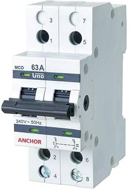 Anchor By Panasonic UNO Series 63 Ampere Dual Pole Change Over Switch Circuit Breaker | 63 Amp MCB for Home, Office, Hospital, Factoy MCB