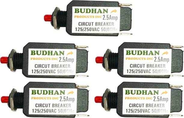 BUDHAN PRODUCTS INC 5 Pcs of 2.5 Amps Vertical Mini Circuit Breaker | Thermal Overload Protector AC 125/250V 2.5A Push Button Reset | 2.5Amp Load Switch, PCB Mount MCB