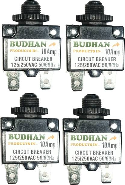 BUDHAN PRODUCTS INC 4 No's of 10 Amps Mini Circuit Breaker | Thermal Overload Protector AC 125/250V 10A Push Button Reset | 10Amp Load Switch, PCB Mount MCB