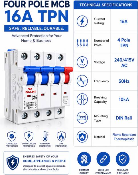 SHOPLYN 16A Four Pole (TPN) Mahi Miniature Circuit Breaker | Heavy Duty Three Phase Circuit Protection 10kA DIN Rail Circuit Breaker Industrial Use MCB