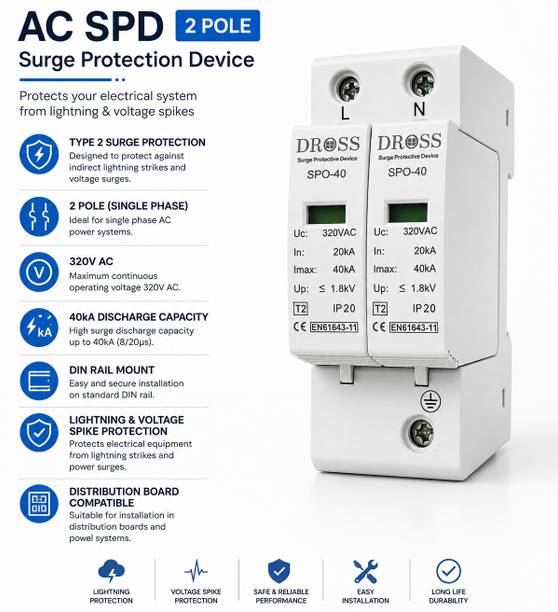 Dross AC SPD 320V 2 Pole 40kA Type 2 Surge Protection Device for ACDB Panels DIN Rail Mount | Lightning Arrester | Over Voltage Protection System MCB