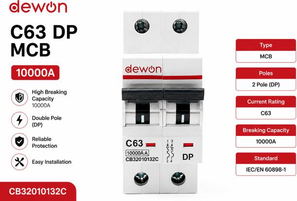 Dewon Electric 63A DP MCB C Curve | Double Pole Circuit Breaker | 10kA Breaking Capacity 63A MCB