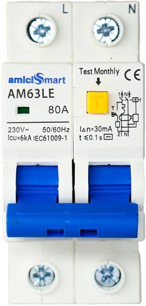 amiciSmart 80A RCBO, 220V Residual Current Circuit Breaker with Over Current Shock Proof, with On/Off Switch for Leakage Protection MCB