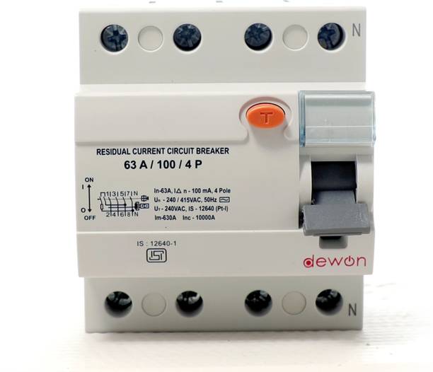 Dewon Electric 63A/100mA Four Pole RCCB|Overload & Surge Protection|10-Year Warranty Durable Polycarbonate Housing|C-Curve Tripping|10kA Breaking Capacity MCB