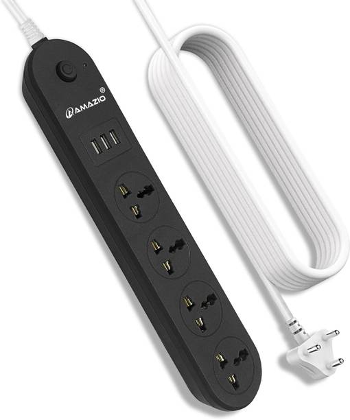 AMAZIO Power Strip with 4 Universal Socket & 3 USB Ports | Multi Socket Extension Board 10 A Three Pin Socket