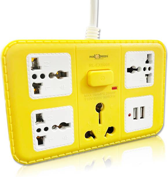 Pick Ur Needs 16A 3+1+2 -Way Extension Cord / Board (1 Power Plug) With 2 USB Socket 4  Socket Extension Boards