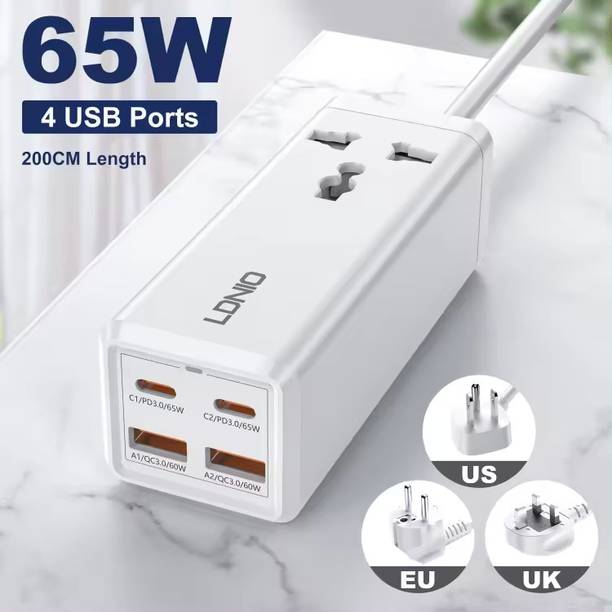 FLUDDER 5 in 1 Super Charger 65W 2 USB Ports, 2 PD Type C Ports with 1 Power Socket 15 A Five Pin Socket