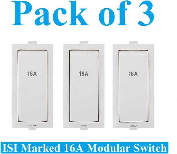Sauran Pack of 3 Pieces 16amp ISI Marked Modular Switch White (ESP65) 16 A One Way Electrical Switch