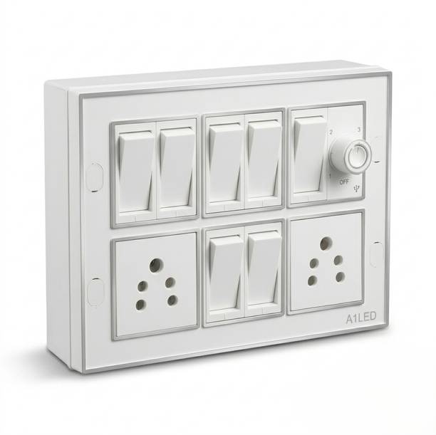 A1 LED 12 modular switch board 7 Switch 2 Socket 1 Regulator Wall Mount Electrical 10 A One Way Electrical Switch
